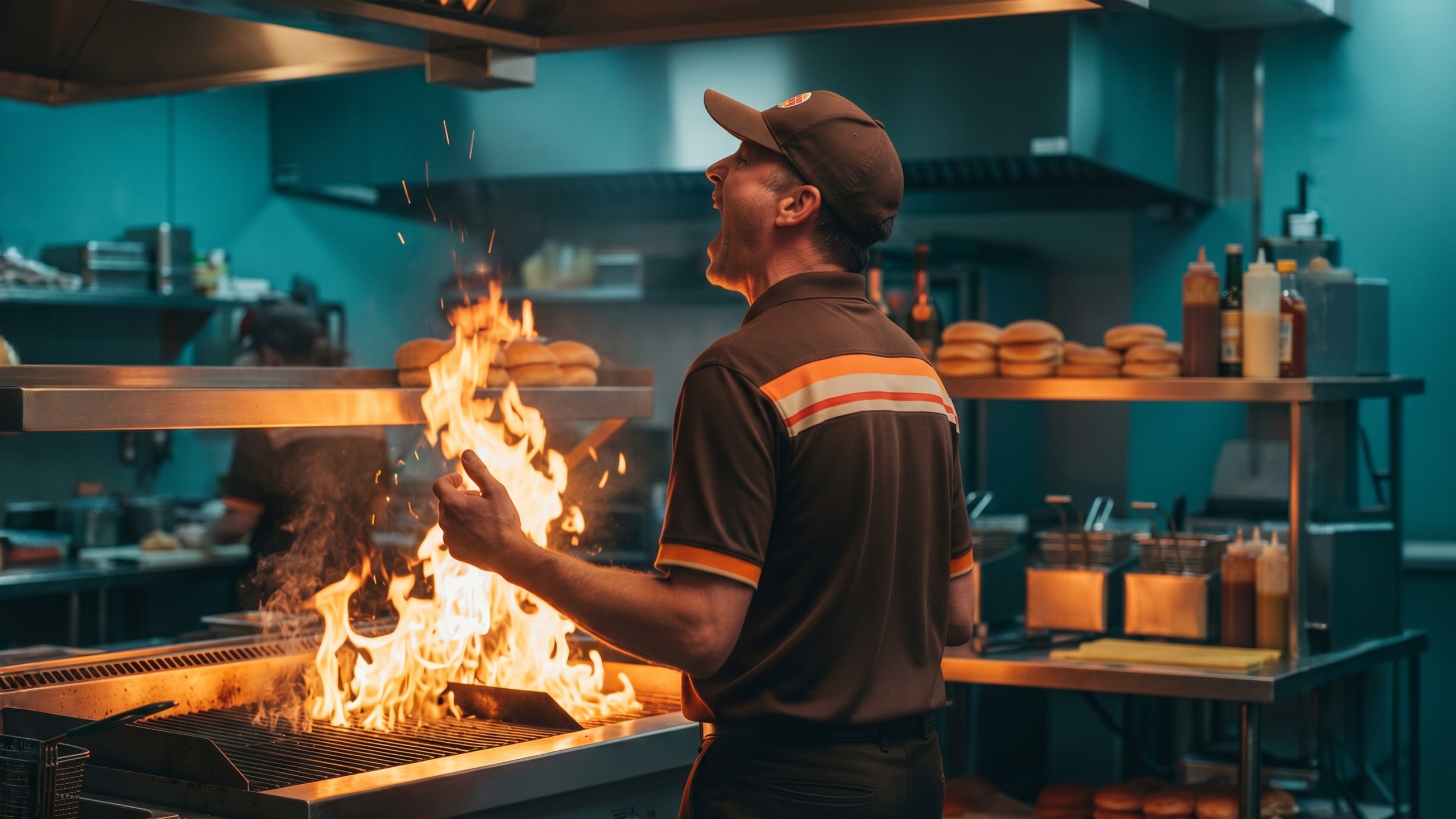 Burger King : Didier devant un gril en flammes, visuel de la campagne de recrutement.