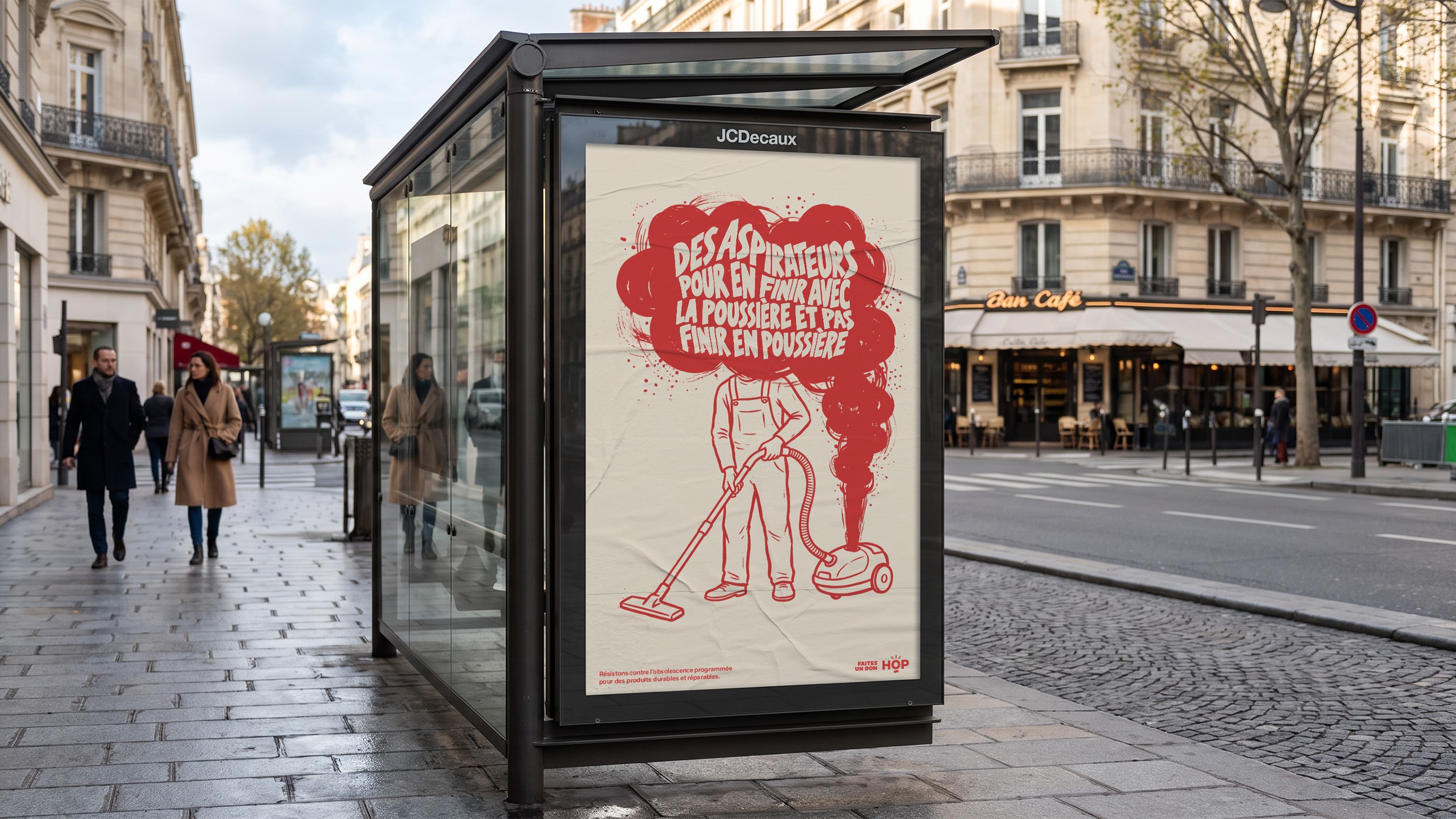 Affiche HOP contre l’obsolescence programmée : un aspirateur et une accroche militante.