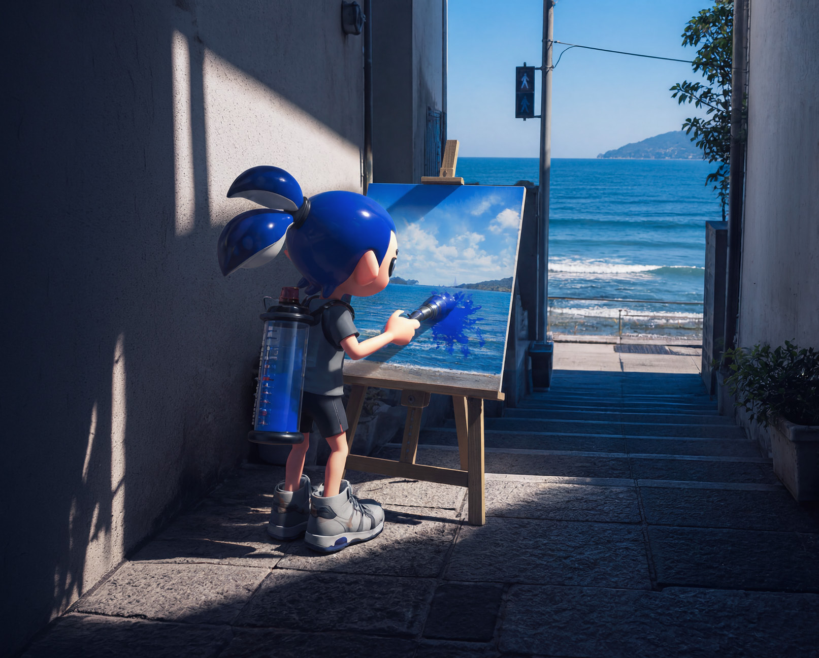 Campagne Lockpick : un personnage de Splatoon apprend la peinture face à la mer.
