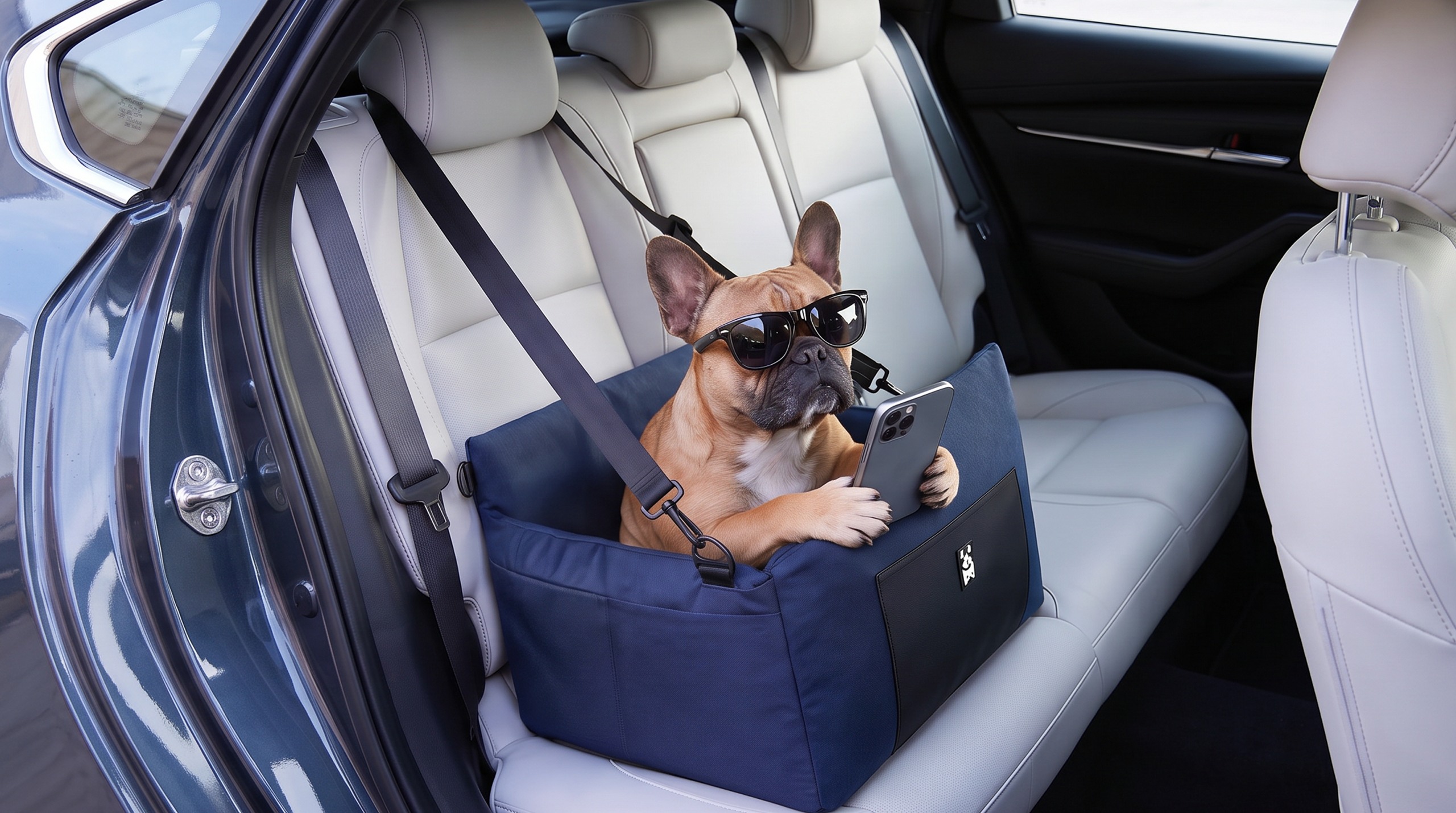 Renault Pets : un bouledogue avec des lunettes et un téléphone dans son panier sur la banquette arrière.